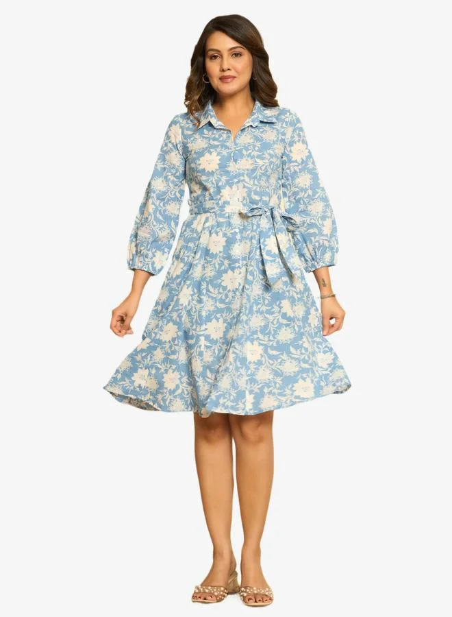 KASYA Blue Printed Pure Cotton Dress